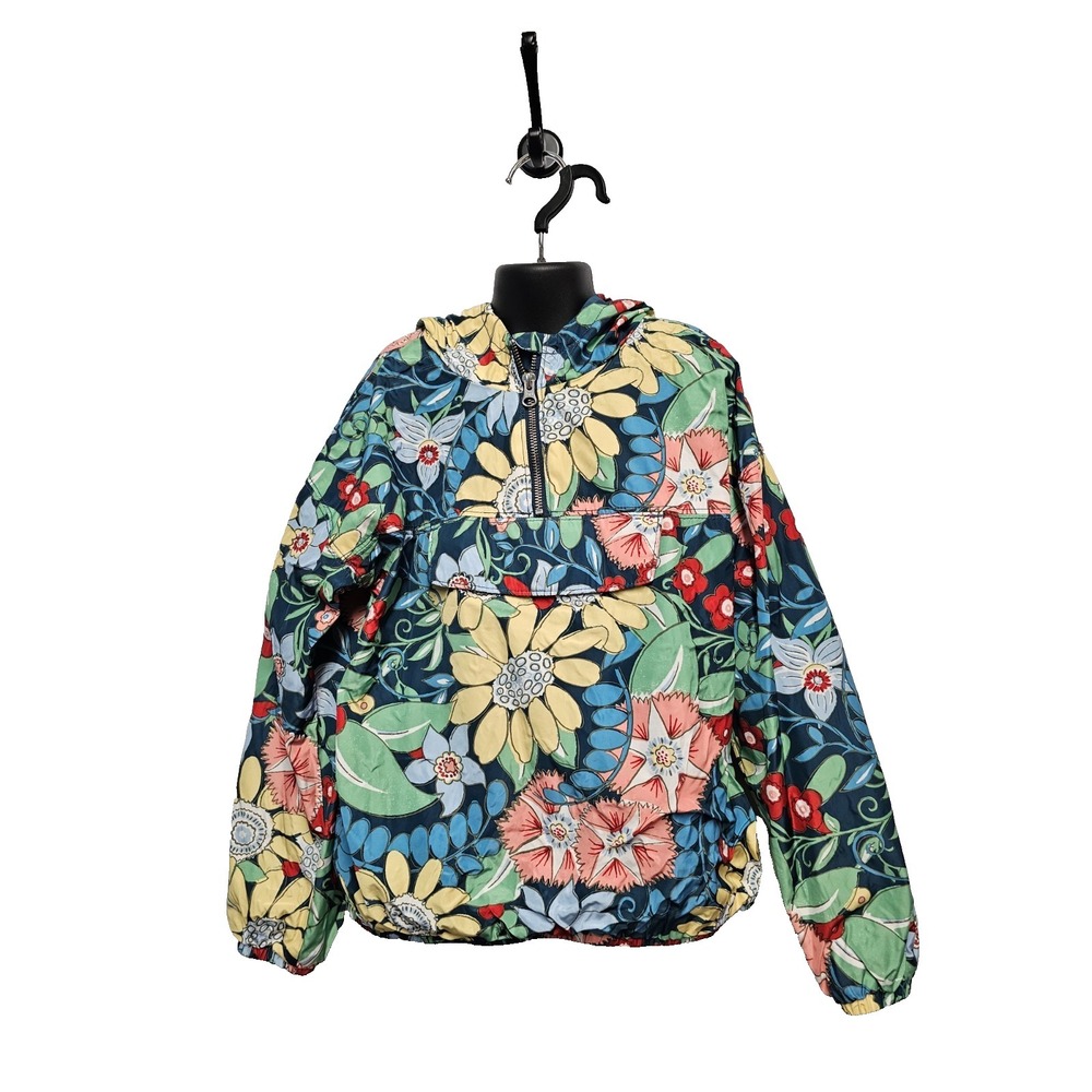 Gymboree girls navy flowered 1/4 zip pull over‎ wind breaker with hood-size 14